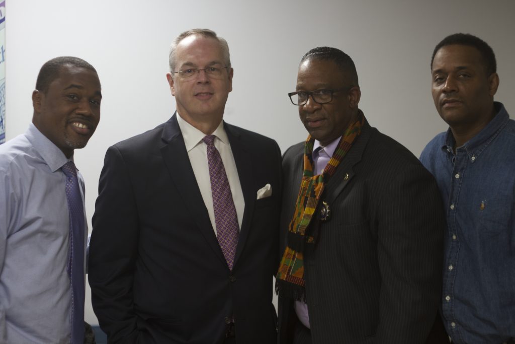 Vice president of external affairs Khari Edwards, President and CEO Brookdale University Hospital and Medical Center Mark E. Toney, Norbert Davidson and Mike Baril of Mediamakers NYC.