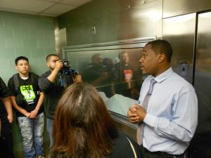 Khari Edwards Vice President of External Affairs at Brookdale brings students into the hospital's morgue to discuss the impact that gun violence has had in our communities